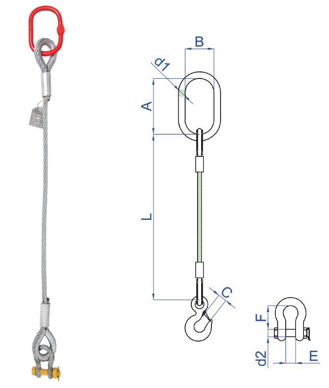 brides simples de corde de fil d'acier de jambe de 20mm, noyau en acier, câble métallique étampé avec la douille flamande d'oeil, dé et maillon de jonction 1