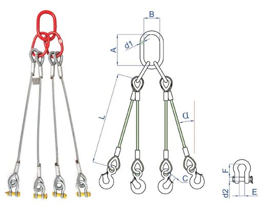 Sling de levage de câbles en acier galvanisé à 4 voies de 48 mm